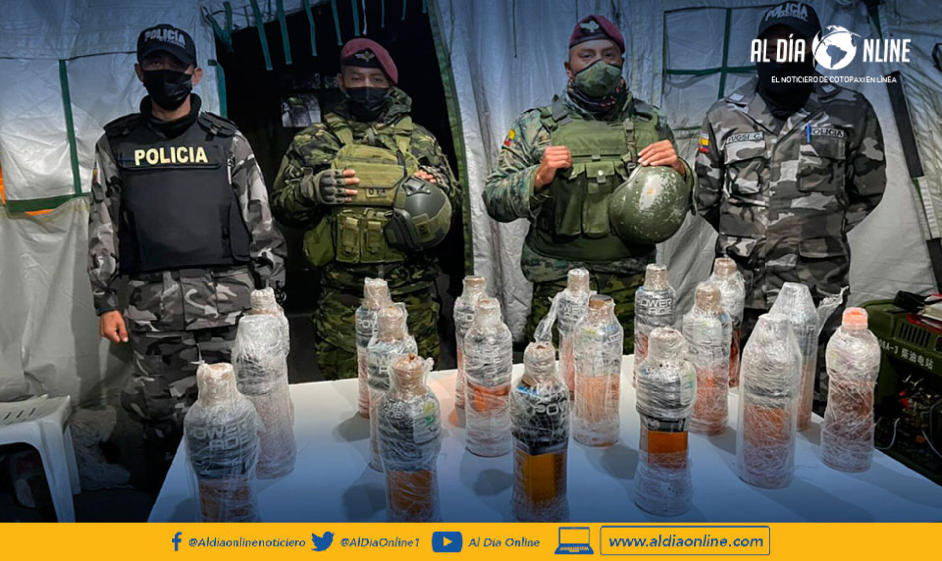 BRIGADA DE FUERZAS ESEPCIALES ENCONTRÓ A LAS AFUERAS DEL CLP COTOPAXI UN SACO DE YUTE CON 21 ENVASES QUE CONTENÍA BEBIDAS ALCOHÓLICAS.