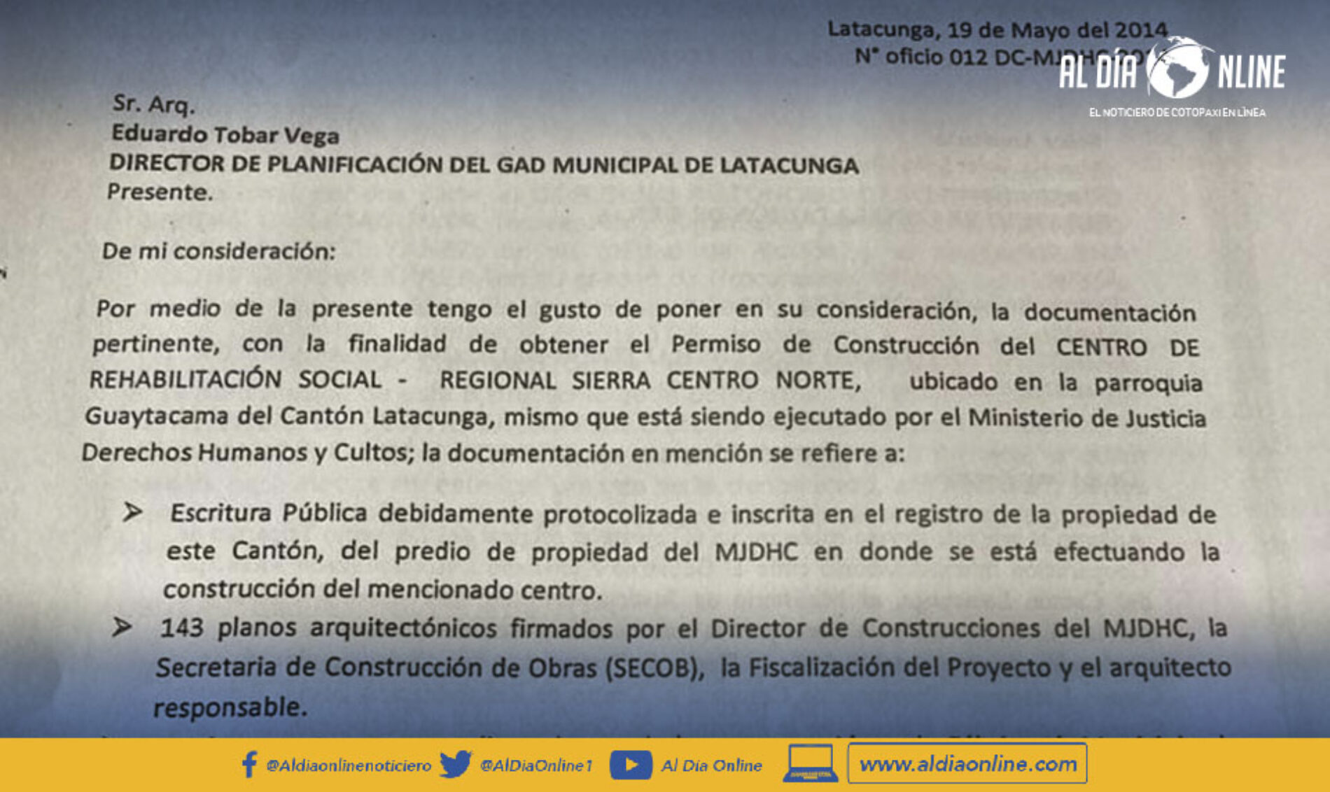 RODRIGO ESPÍN, EXALCALDE DE LATACUNGA, ACLARA RESPONSABILIDAD DE LA CONSTRUCCIÓN DEL CRS COTOPAXI. (VIDEO)