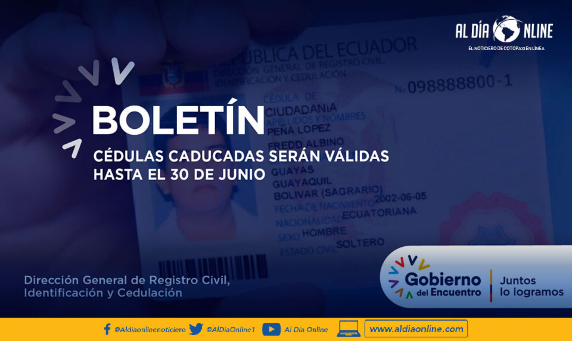 CÉDULAS CADUCADAS SERÁN VÁLIDAS HASTA EL 30 DE JUNIO