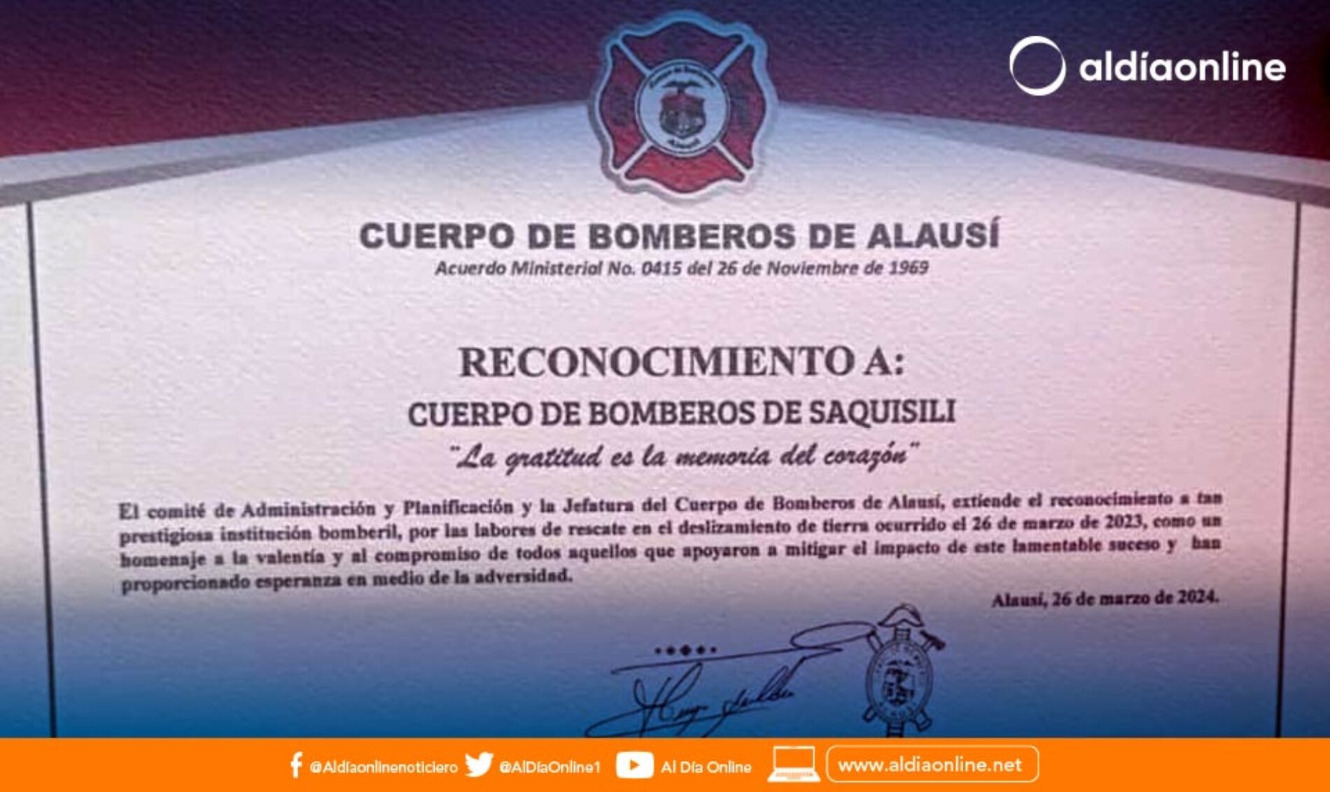 BOMBEROS DE SAQUISILÍ FUERON RECONOCIDOS POR SU ACCIONAR EN DESLAVE DE ALAUSÍ 2023